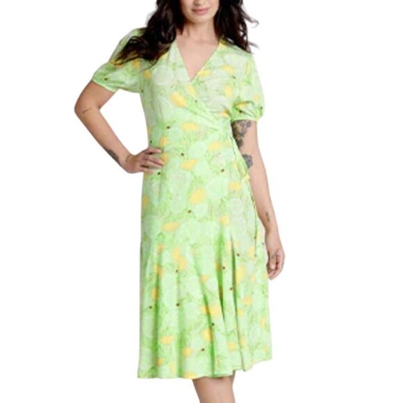 Modcloth Green Dandelion Ladybug Critter Wrap Midi Dress Size 2 - Picture 1 of 9